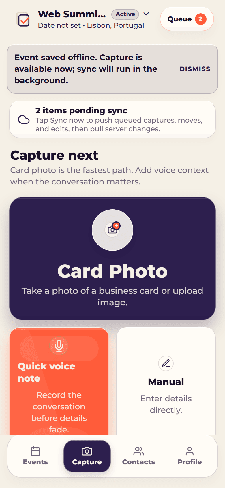 CardToClose mobile app showing Card Photo, Quick Voice note and Manual capture options